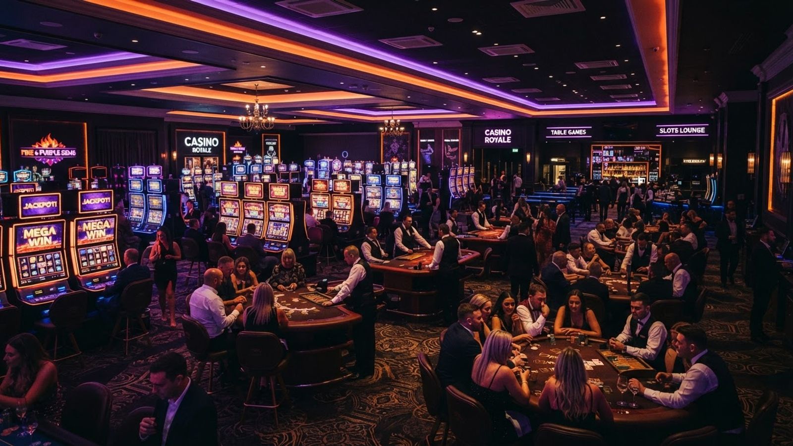 Casinosal med spilleautomater og spilleborde, billede på Luckygems gratisspins